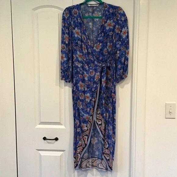 Zara Megane Floral Wrap Midi Dress Blue CottageCore Boho M NWOT - Picture 5 of 7